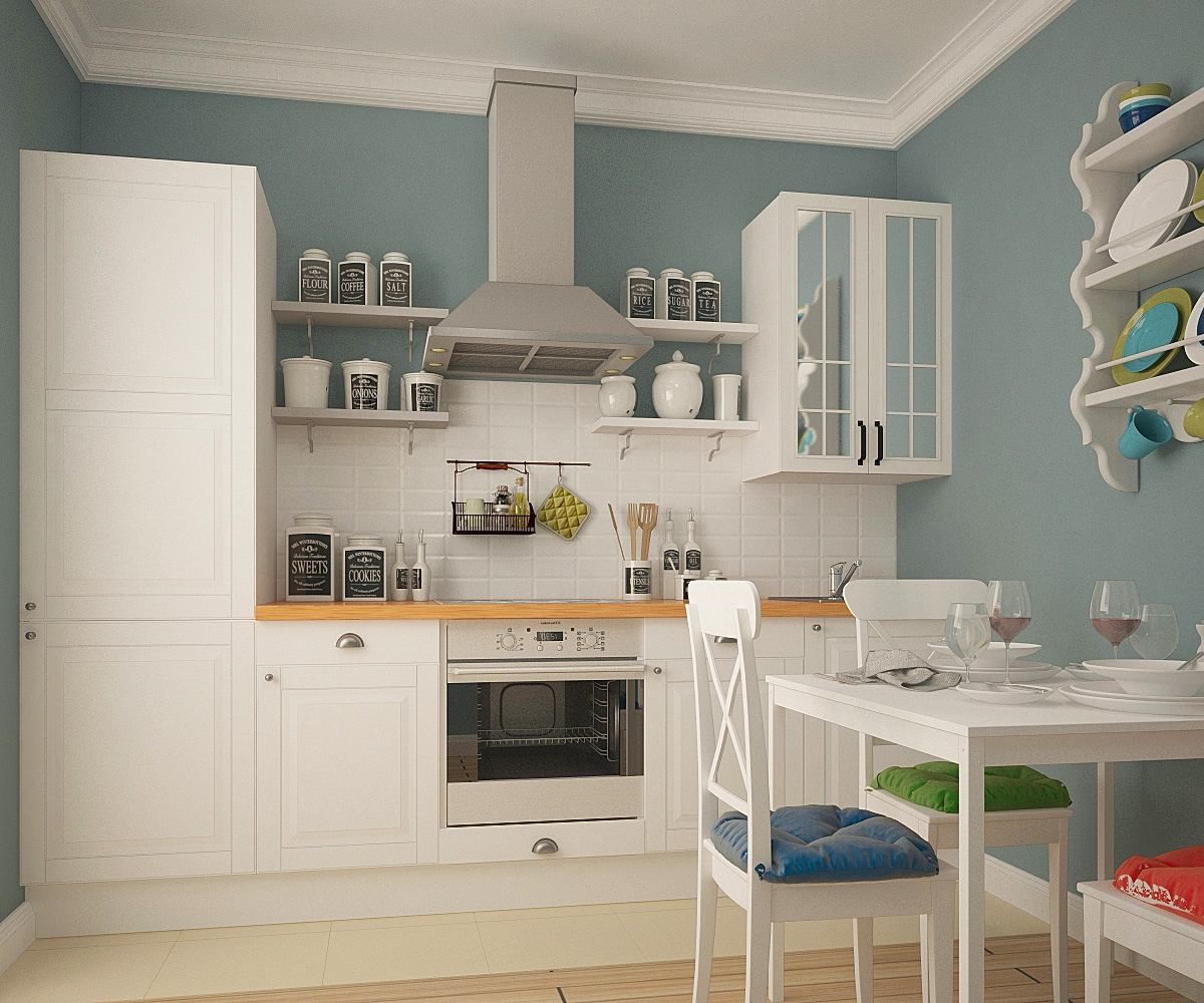 серо голубые стены в интерьере кухни