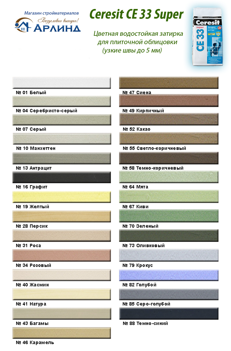 Таблица цветов затирки для плитки Ceresit CE 33 Super