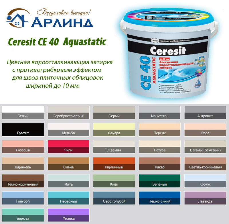 Таблица цветов затирки для плитки Ceresit СЕ 40 Aquastatic