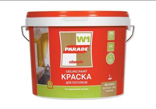 Краска акриловая Parade W1 (база А) для потолков, белая матовая, 10 л.