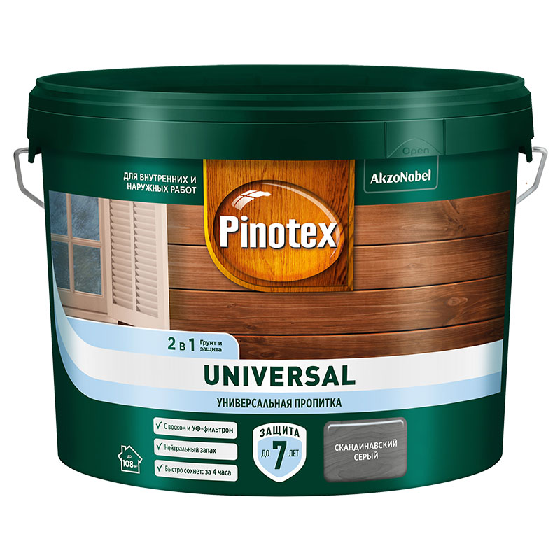 Pinotex Universal (0,9л), пропитка для дерева 2 в 1 (для внутр. и нар. работ)