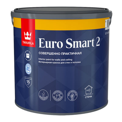 Краска Tikkurila Euro Smart 2 (Евро Смарт 2) глубокоматовая для стен и потолков 2,7 л.